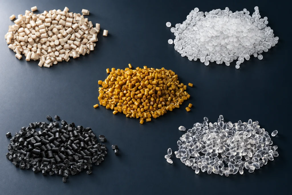 High-performance polymer resin pellets in multiple colors and grades.